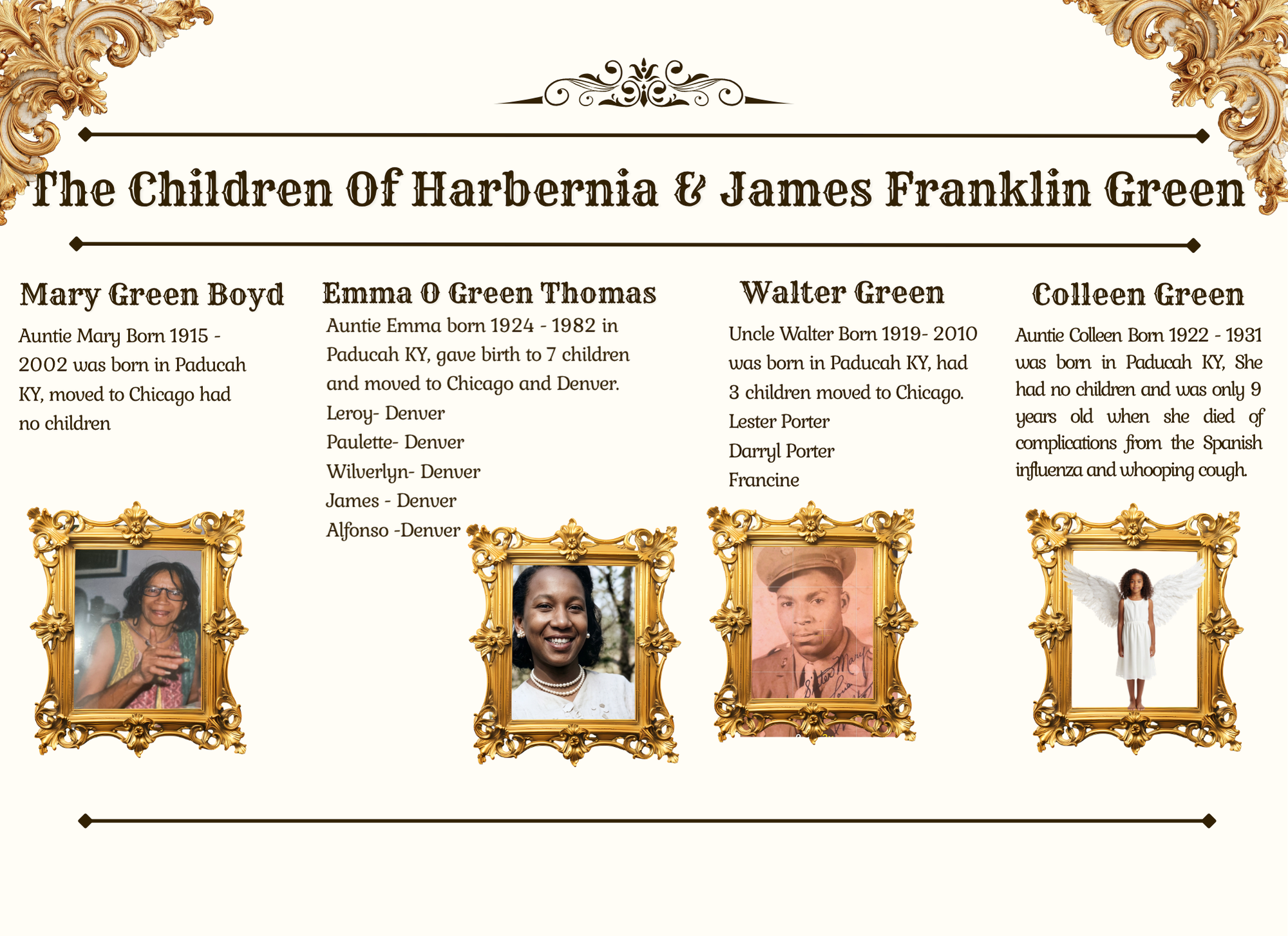 The children: Mary Green Boyd, Emma O Green Thomas, Walter Green, Colleen Green