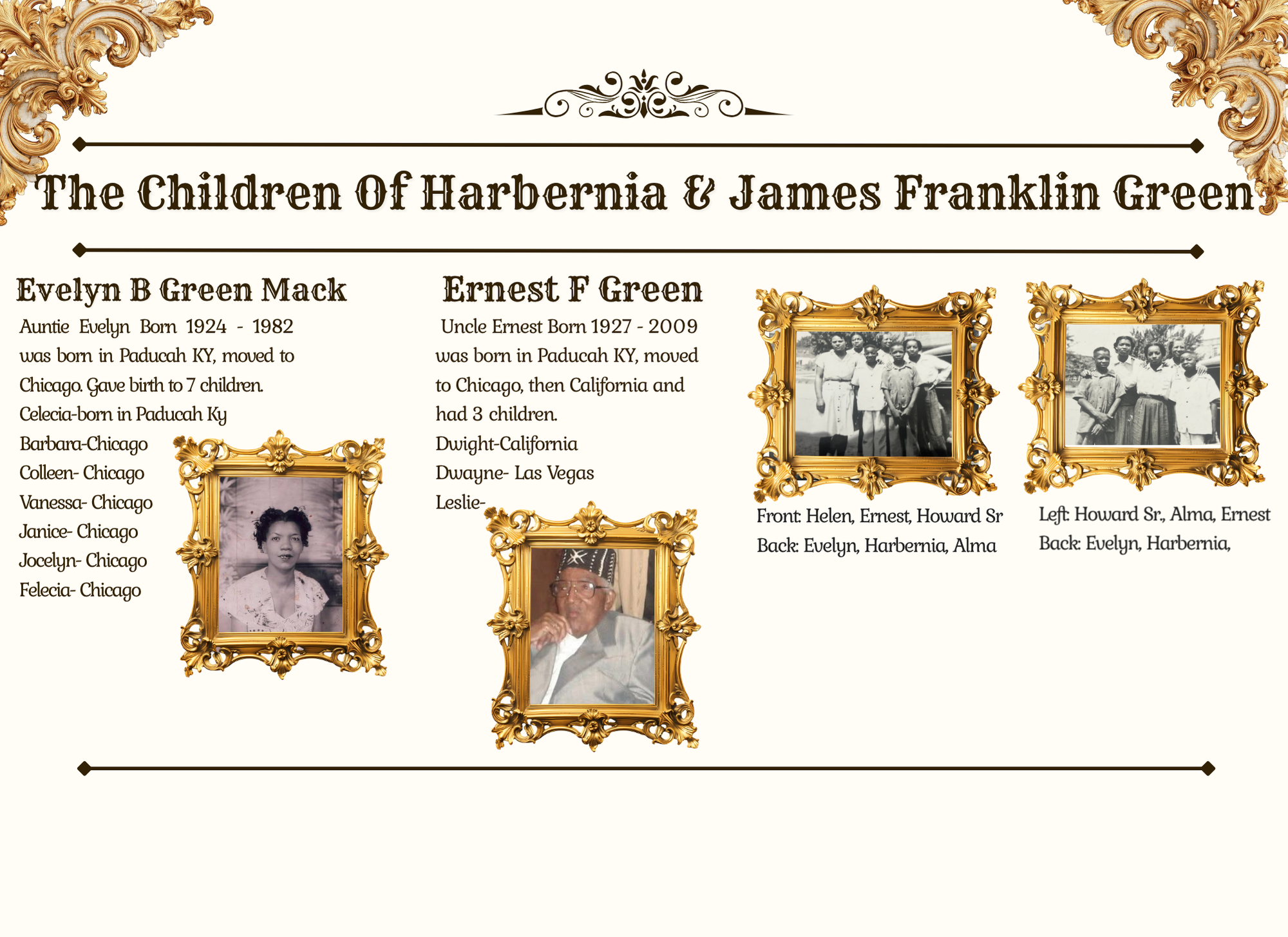 The children: Evelyn B Green Mack and Ernest F Green, with family photographs